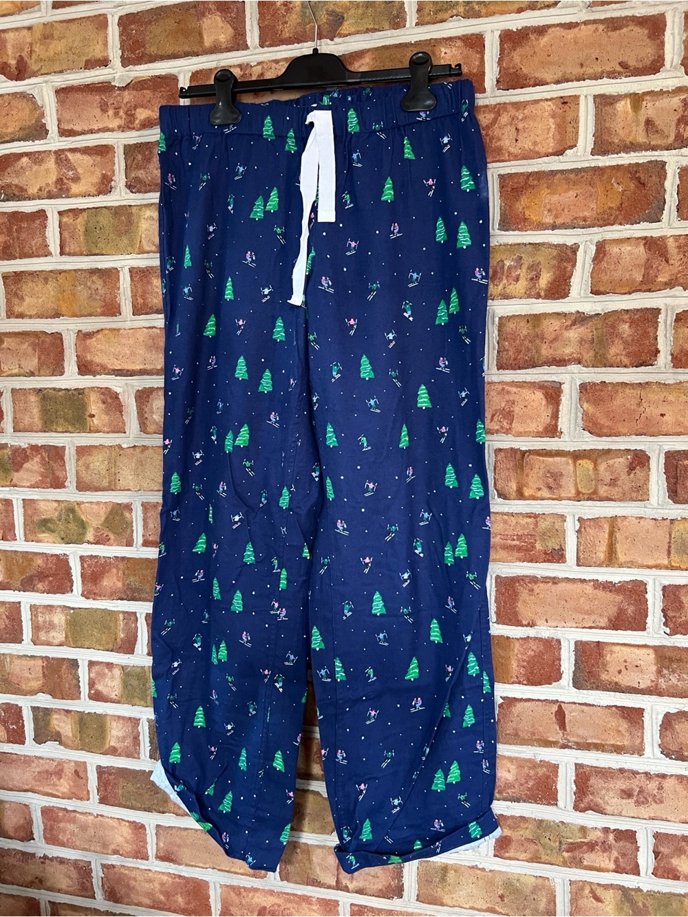 J. Crew Navy flannel Pajama Pants with Green Tree and skier Print. Medium